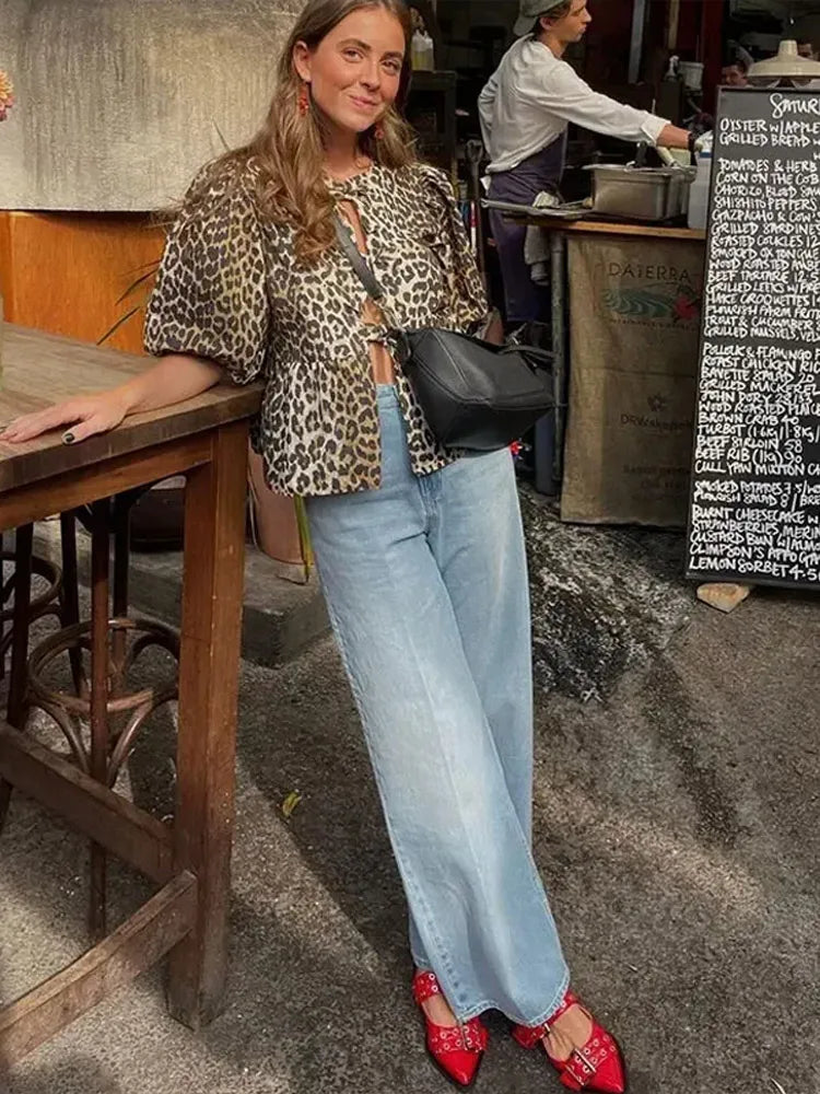 Blouse with leopard print, puff sleeves and bow detail 