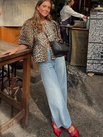 Blouse with leopard print, puff sleeves and bow detail 