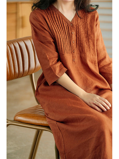 V-neck, short sleeves, gathered cotton, loose dress 