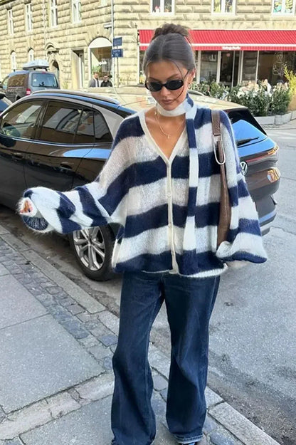 Cozy striped V-neck knit cardigan 