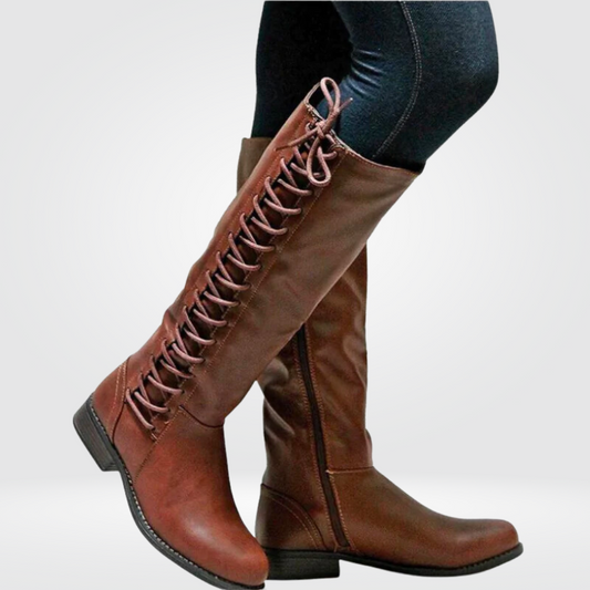 Women's boots with leather look, block heel, zipper and lacing 
