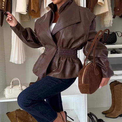 Stylish faux leather motorcycle jacket with lapel collar and elasticated waistband 