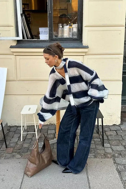 Cozy striped V-neck knit cardigan 