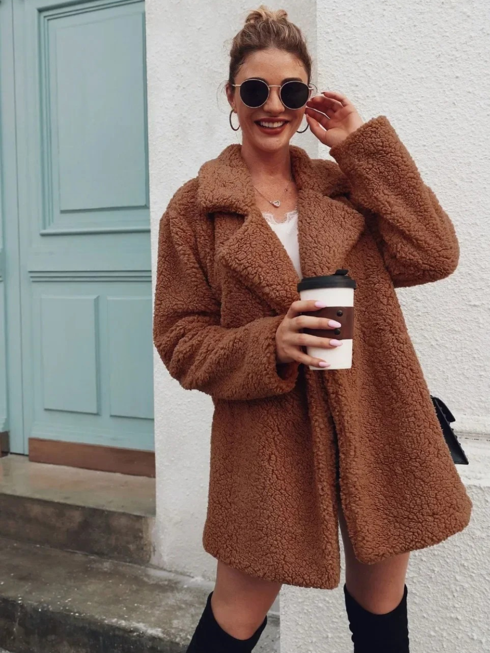 Cozy teddy plush short coat with lapel collar for women 