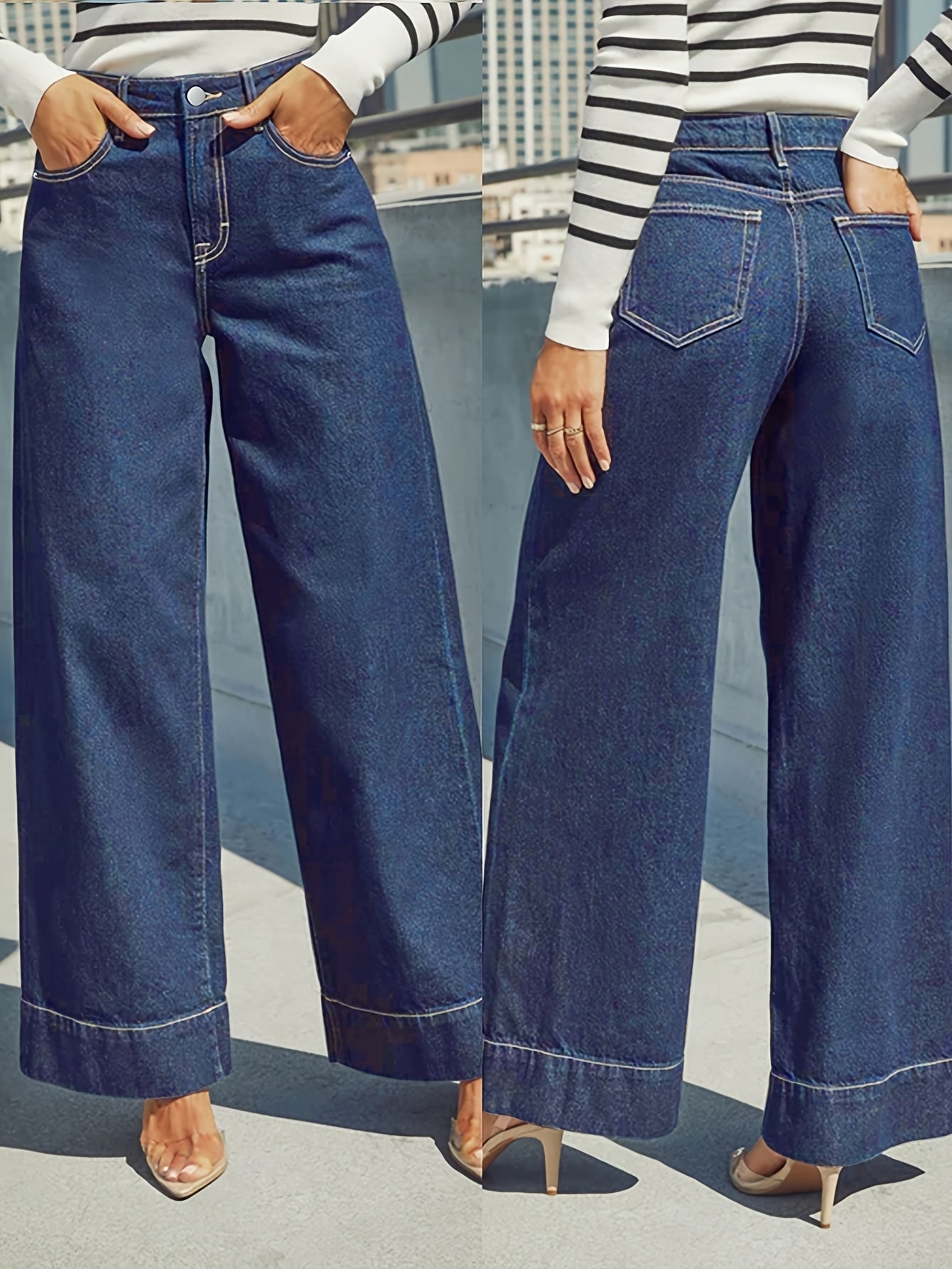Jeans with a high waist, wide leg and stretchy denim fabric with a turn-up hem. 