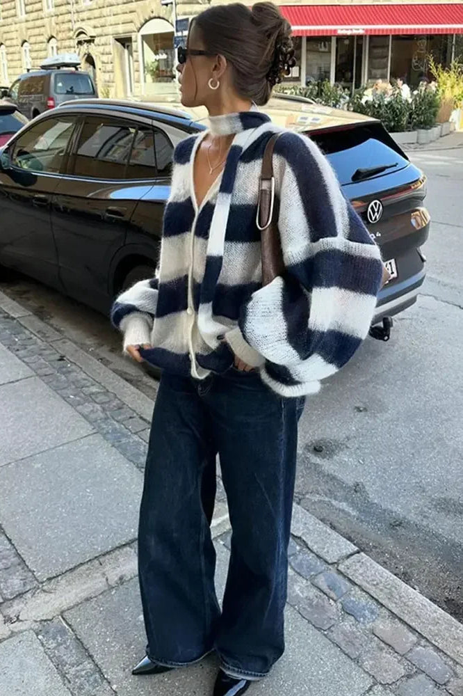 Cozy striped V-neck knit cardigan 