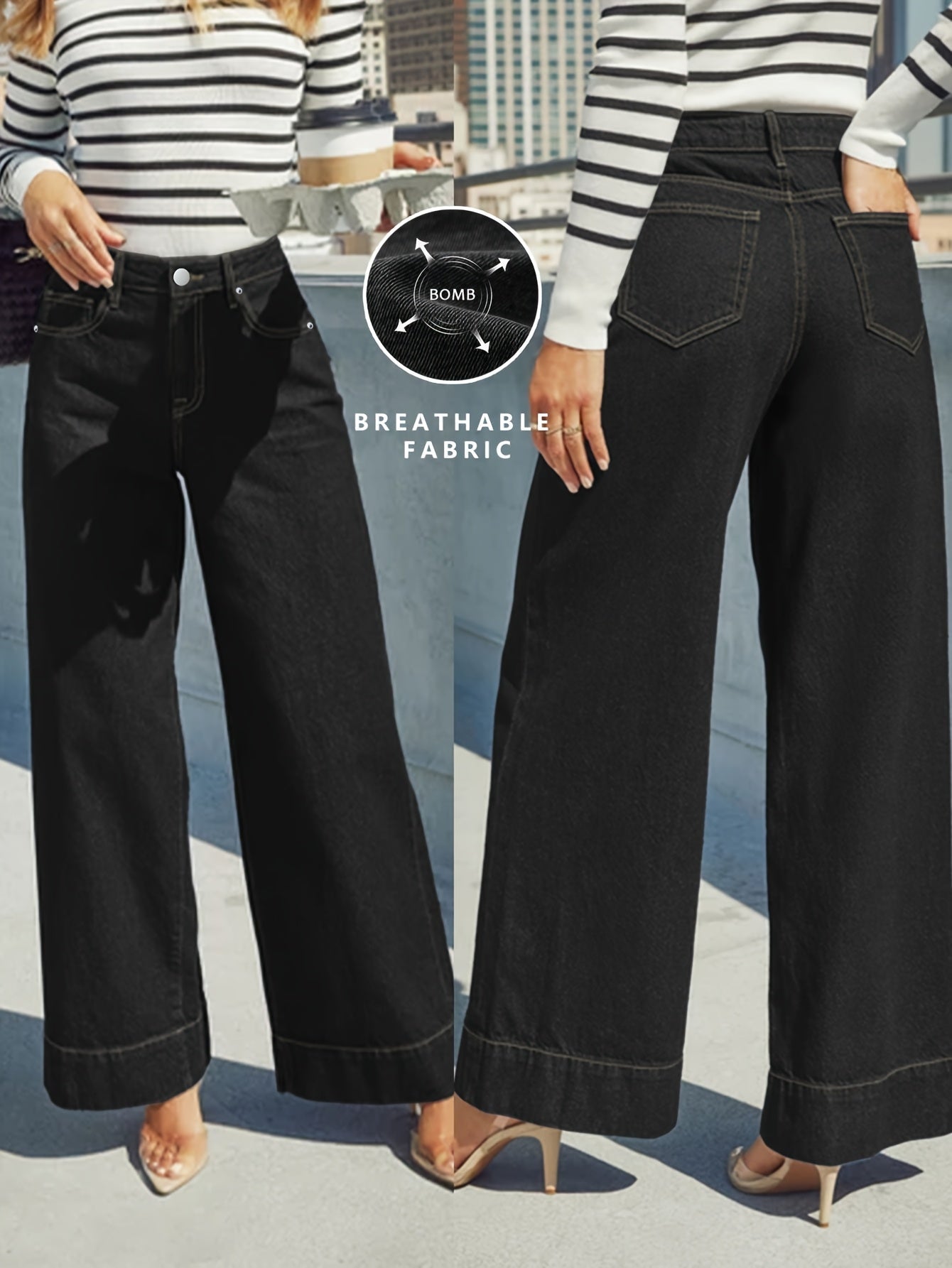 Jeans with a high waist, wide leg and stretchy denim fabric with a turn-up hem. 