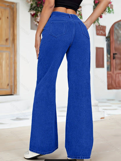 High-waisted denim cargo trousers with wide legs and oversized pockets 