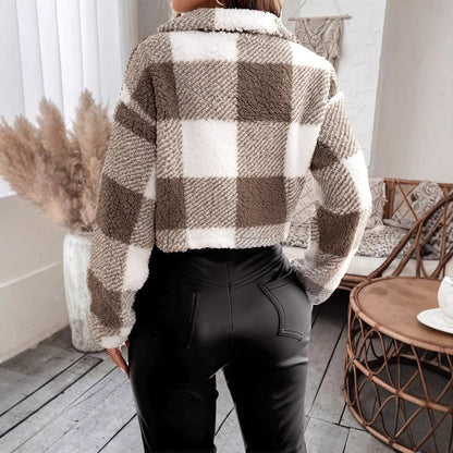 Cozy teddy fleece short jacket with checkered pattern 