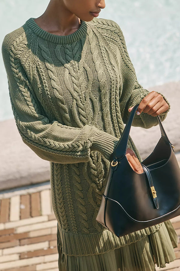 Knit dress with cable pattern and pleated chiffon hem 