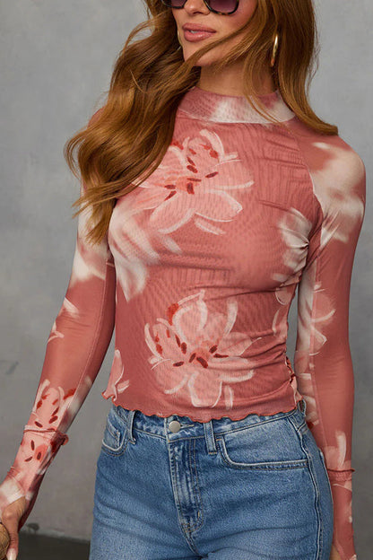 Floral printed slim fit long-sleeved casual top 