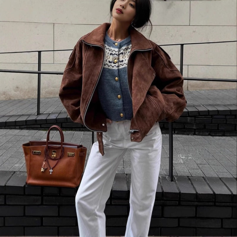 Oversized bomber jacket in suede look with asymmetrical zipper 