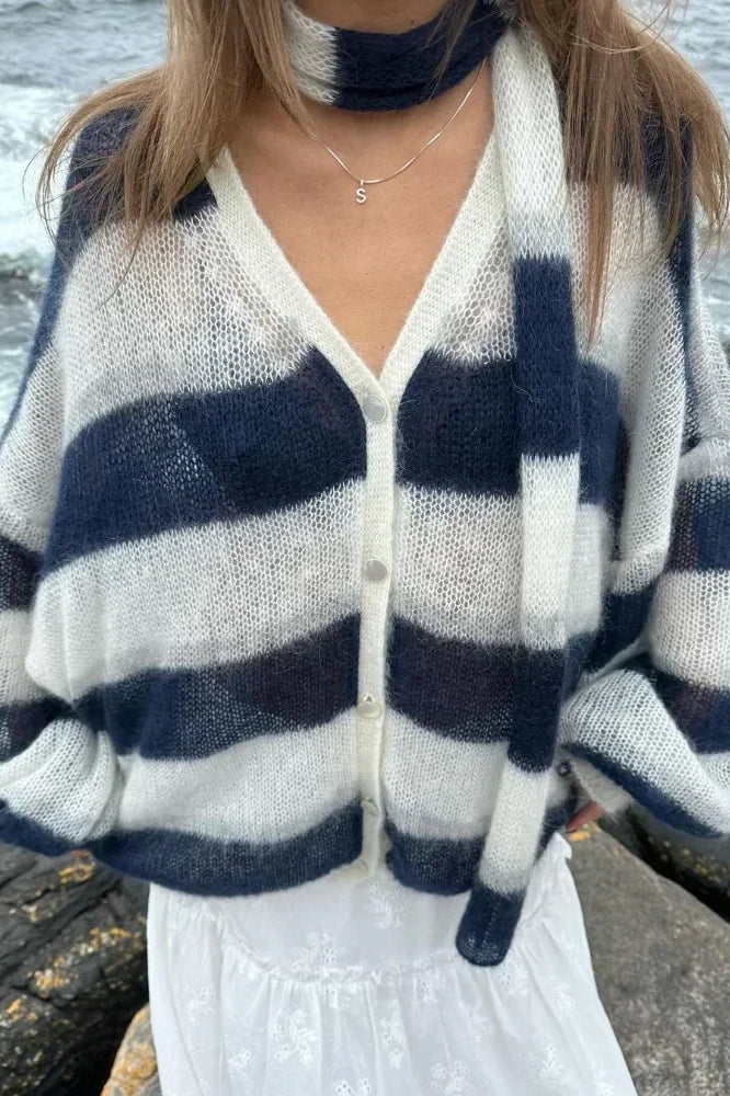Cozy striped V-neck knit cardigan 