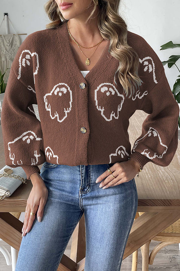 Cozy Halloween ghost knit sweater with buttons 