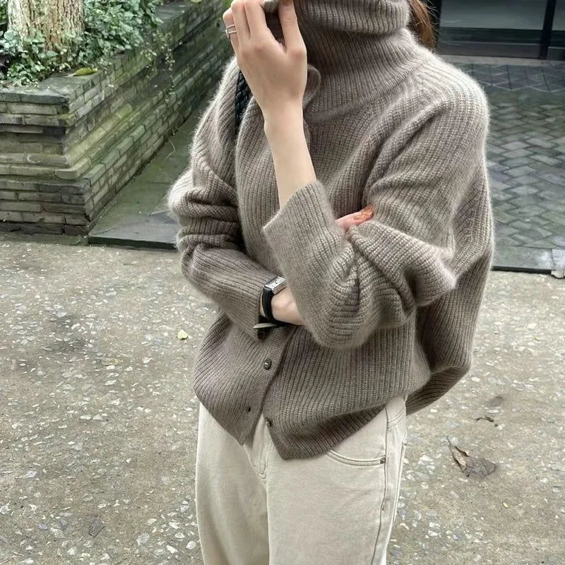 Cozy knitted sweater with roll neck and buttons 