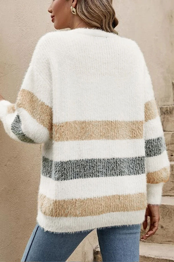 Fel™ - Multicolored striped fuzzy button-front cardigan