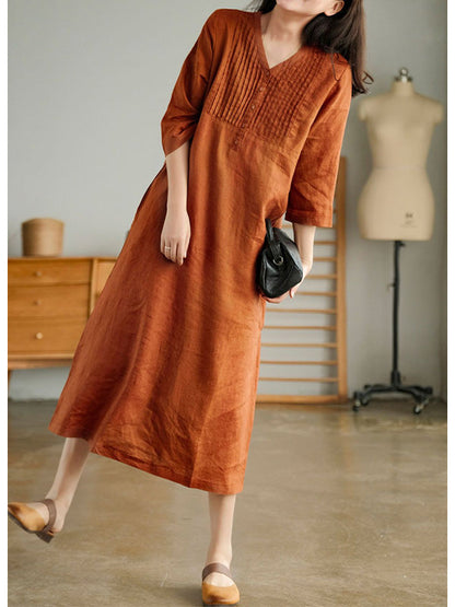 V-neck, short sleeves, gathered cotton, loose dress 