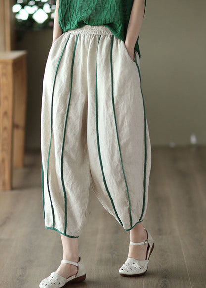 White linen patchwork harem trousers with pockets and stripes 