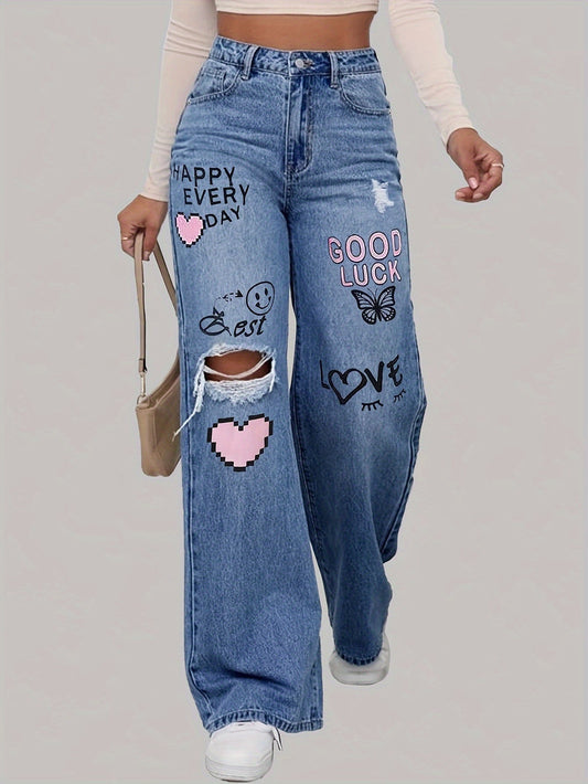 High-waisted jeans with wide leg and graphic design