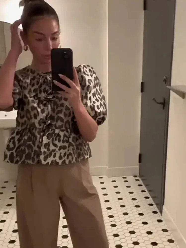 Blouse with leopard print, puff sleeves and bow detail 