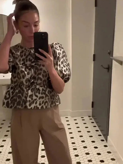 Blouse with leopard print, puff sleeves and bow detail 