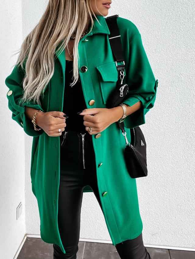 Cozy long shirt jacket with buttons, wool collar and lapels 