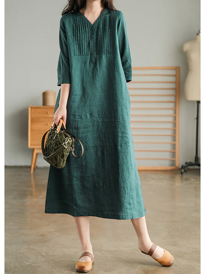 V-neck, short sleeves, gathered cotton, loose dress 