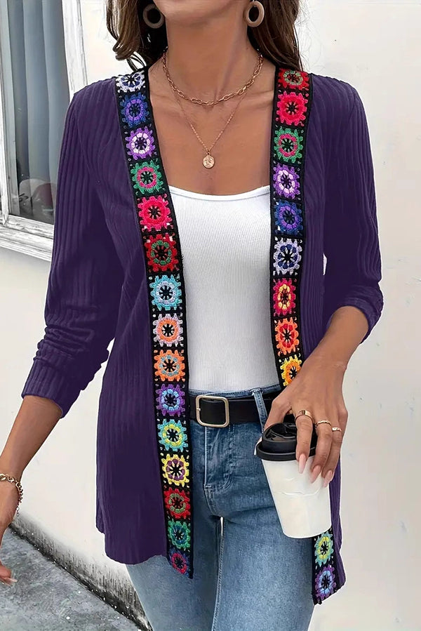 Boho knit cardigan with floral trim and long sleeves 