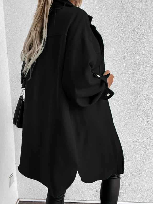 Cozy long shirt jacket with buttons, wool collar and lapels 