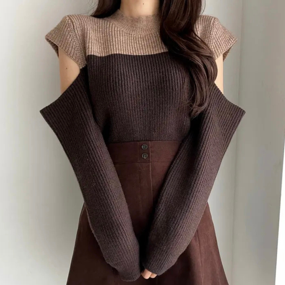 Two-tone knit sweater with cutouts on the sleeves 