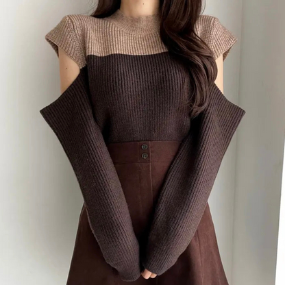 Two-tone knit sweater with cutouts on the sleeves 