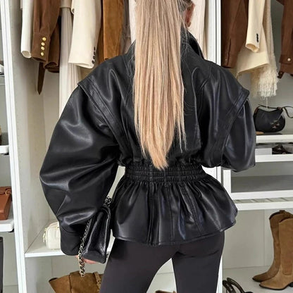 Stylish faux leather motorcycle jacket with lapel collar and elasticated waistband 