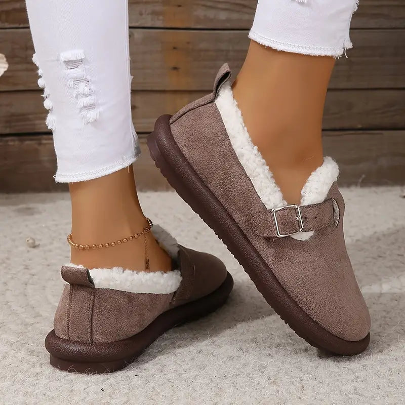 Comfortable fleece-lined slip-on ballerina flats with buckle straps 