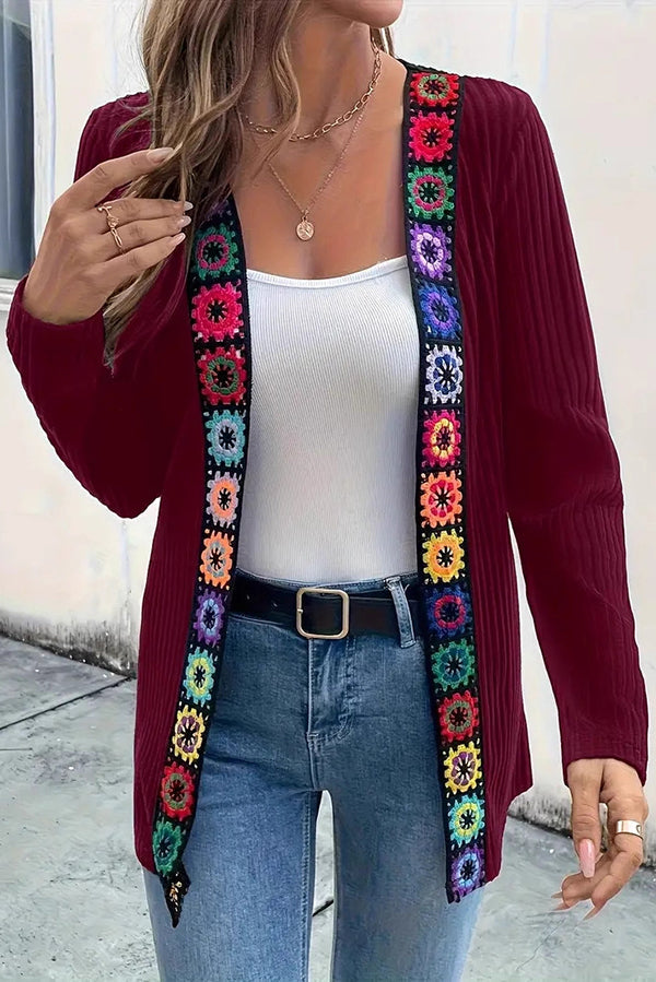 Boho knit cardigan with floral trim and long sleeves 