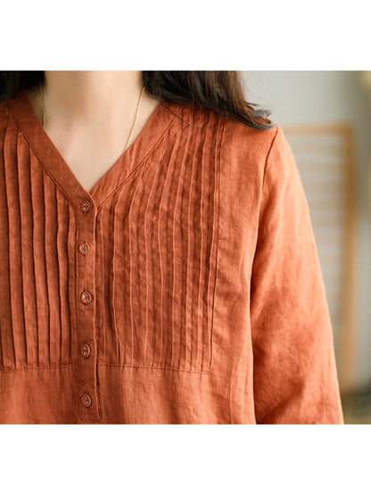 V-neck, short sleeves, gathered cotton, loose dress 