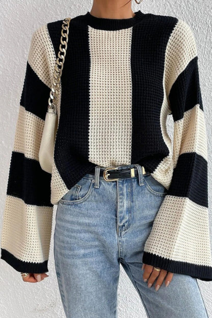 Melissa™ - Contrast stripe bell sleeve sweater 