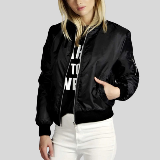 Stylish women's bomber jacket with round neckline 