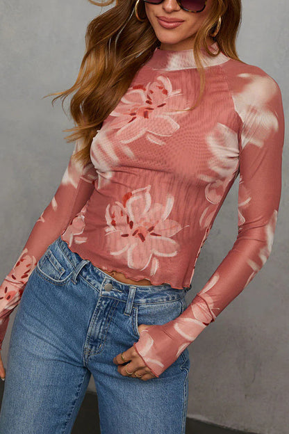 Floral printed slim fit long-sleeved casual top 