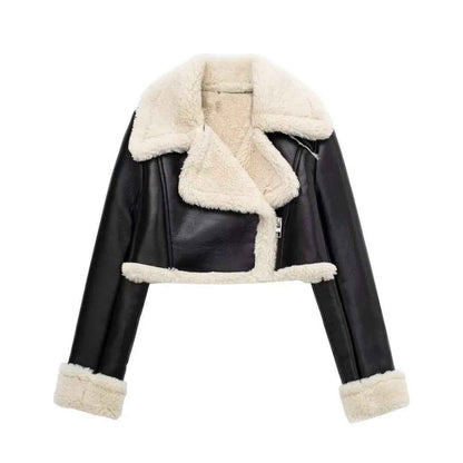 Stylish women's short jacket with warm teddy lining 