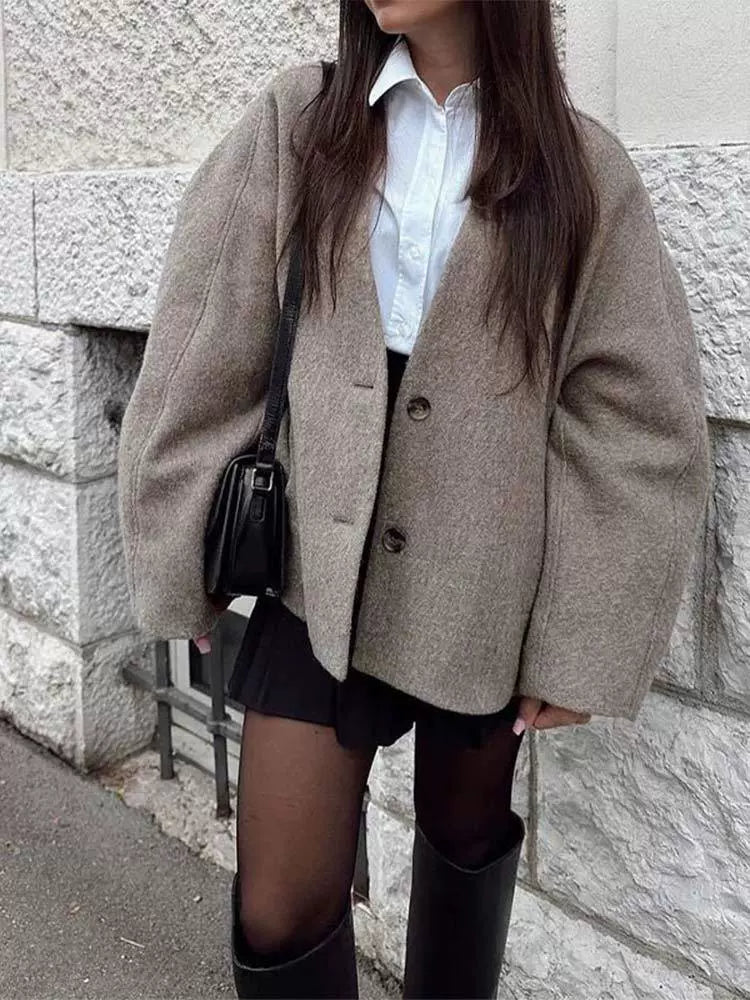 Oversized wool-look V-neck coat for women 
