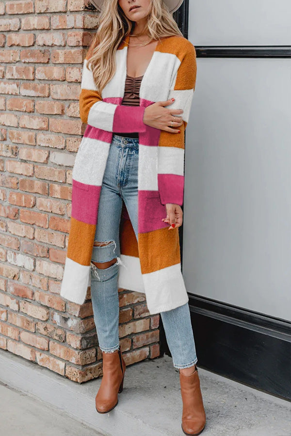 Janice™ - Knitted open front color block cardigan