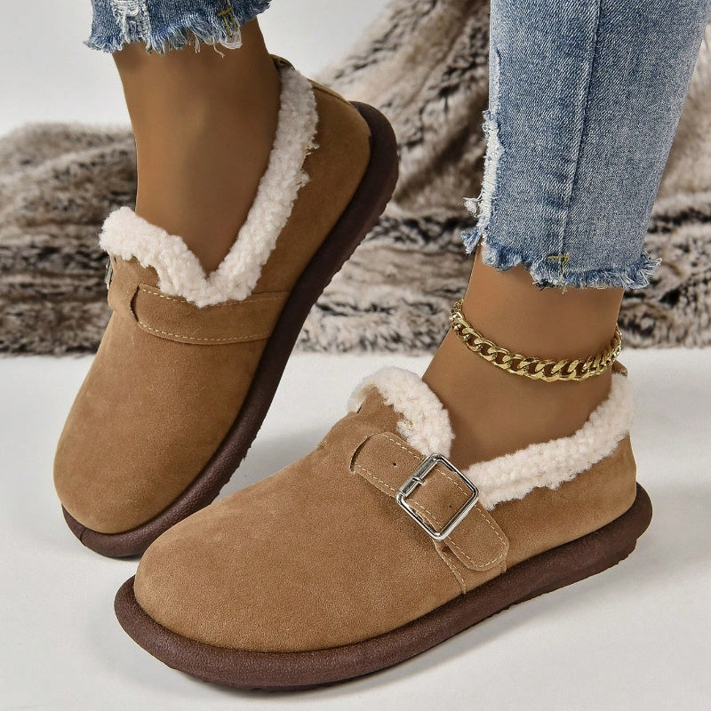 Comfortable fleece-lined slip-on ballerina flats with buckle straps 