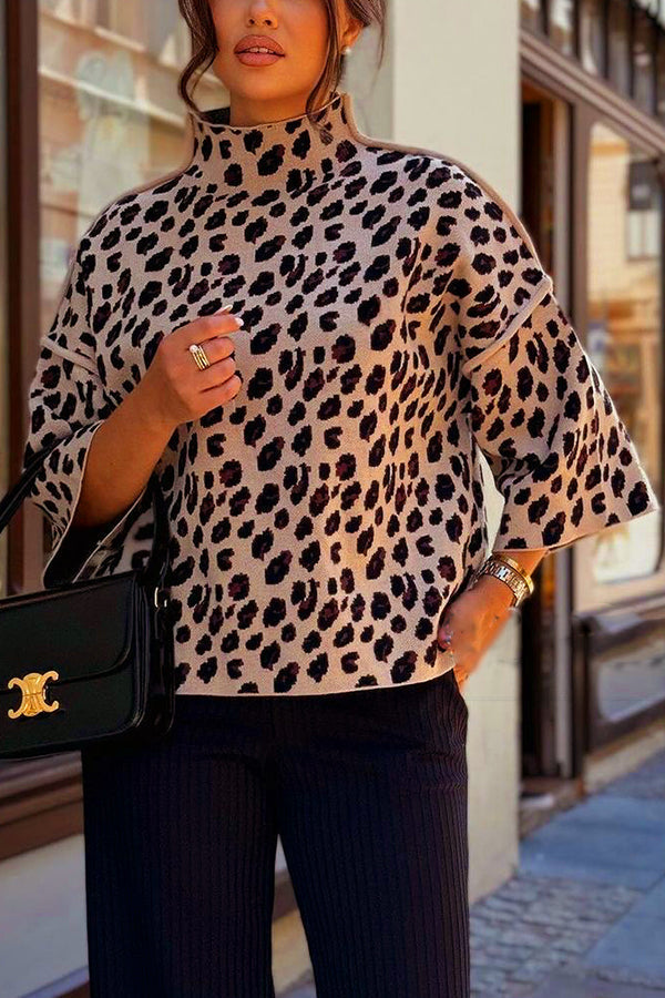 Cozy knit sweater with leopard print and loose roll neck