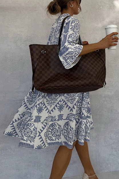 Printed mini dress with V-neck and bell sleeves 