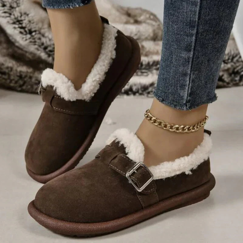 Comfortable fleece-lined slip-on ballerina flats with buckle straps 