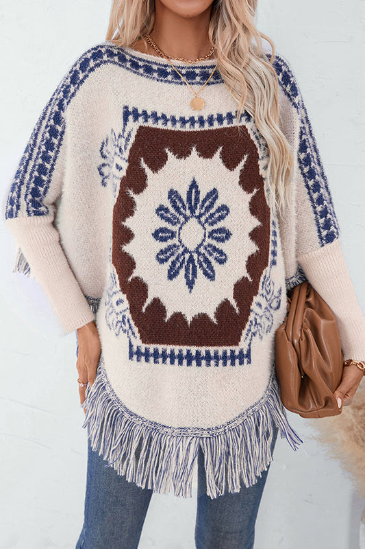 Boho knit sweater with tassel hem 