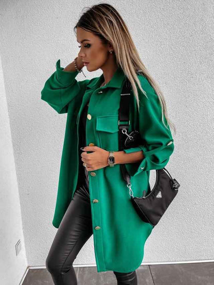 Cozy long shirt jacket with buttons, wool collar and lapels 