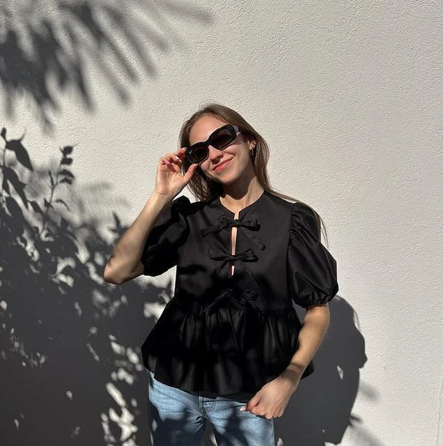 Blouse with leopard print, puff sleeves and bow detail 