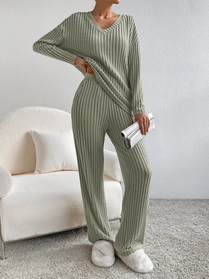 V Neck Ribbed Design Comfy Loose Straight-leg Trousers Two-Piece Set 