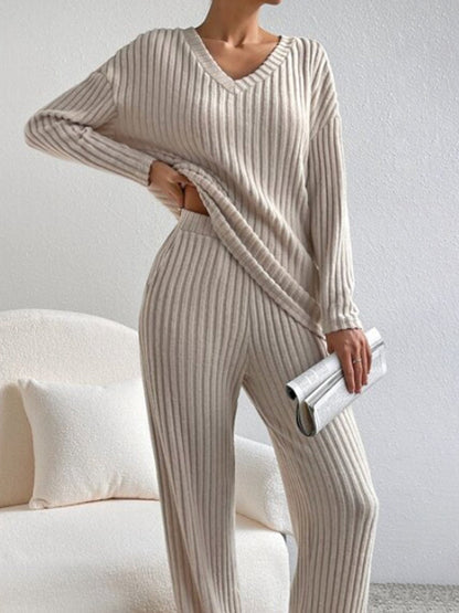 V Neck Ribbed Design Comfy Loose Straight-leg Trousers Two-Piece Set 
